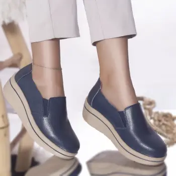 Pantofi cu platforma latifa piele naturala albastru imagine