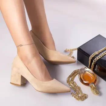 Pantofi cu toc saima catifea bej imagine