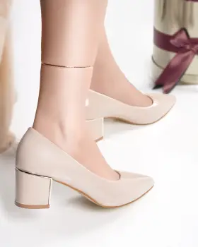 Pantofi dama bej cu toc piele ecologica flora imagine