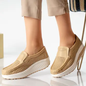 Pantofi dama casual camel piele naturala flori imagine