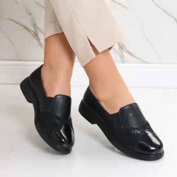 Pantofi dama casual negri din piele ecologica intoarsa lacuita Kelly imagine