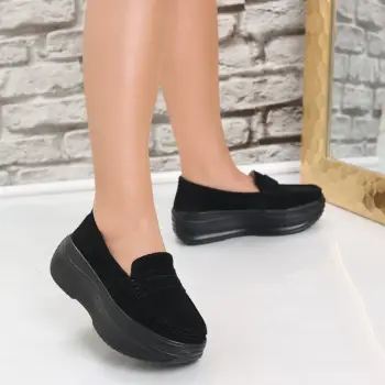 Pantofi dama cu platforma Negri din Piele Naturala intoarsa Alunsa imagine