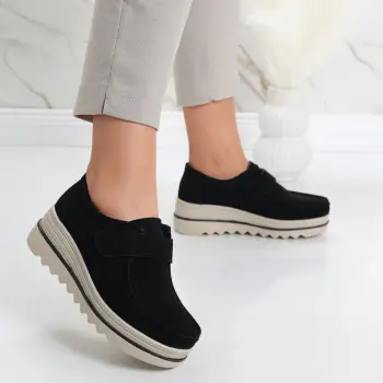 Pantofi dama cu platforma Negri din Piele Naturala Intoarsa Anera imagine