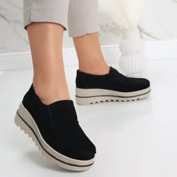 Pantofi dama cu platforma Negri din Piele Naturala Intoarsa Gabrena imagine