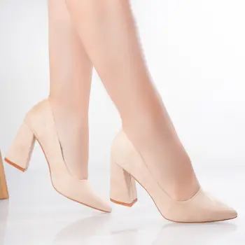 Pantofi dama cu toc Bej din Pieie Ecologica Intoarsa Seva imagine