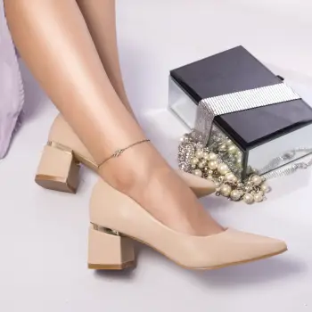 Pantofi dama cu toc Bej din Piele Ecologica Dafrina imagine
