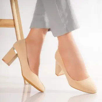 Pantofi dama cu toc Bej din Piele Ecologica Intoarsa Aroni imagine