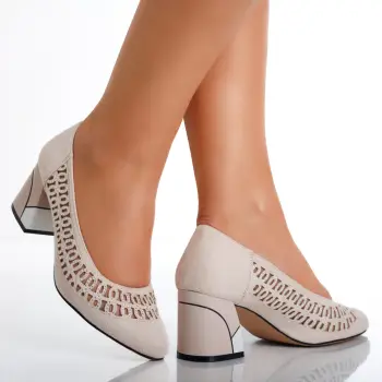 Pantofi dama cu toc Bej din Piele Ecologica Intoarsa Digna imagine