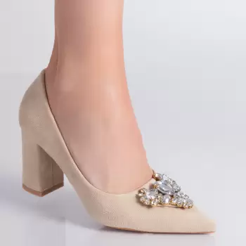 Pantofi dama cu toc Bej din Piele Ecologica Intoarsa Raifa imagine