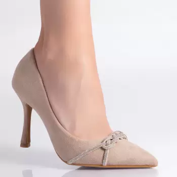 Pantofi dama cu toc Bej din Piele Ecologica intoarsa Ranin imagine