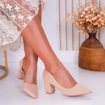 Pantofi dama cu toc Bej din Piele Ecologica Intoarsa Sinam imagine