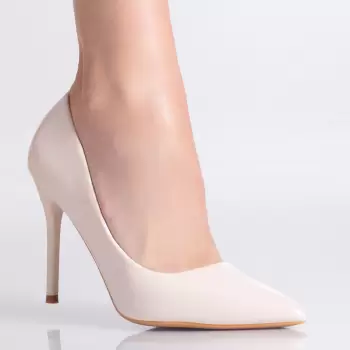 Pantofi dama cu toc Bej din piele ecologica lacuita Risam imagine