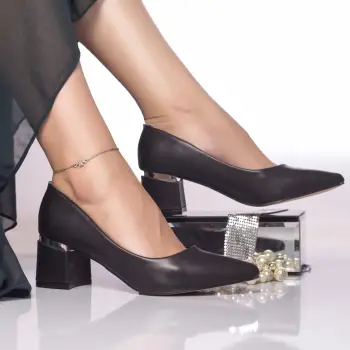 Pantofi dama cu toc Negri din Piele Ecologica Dafrina imagine