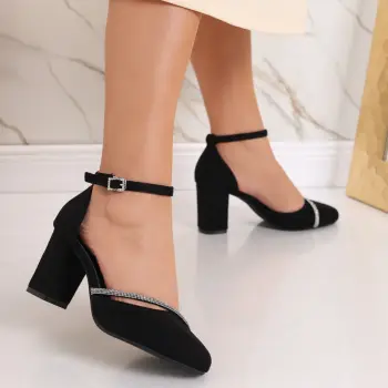 Pantofi dama cu toc negri din piele ecologica intoarsa Anie imagine