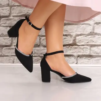 Pantofi dama cu toc Negri din Piele Ecologica Intoarsa Glorinda imagine