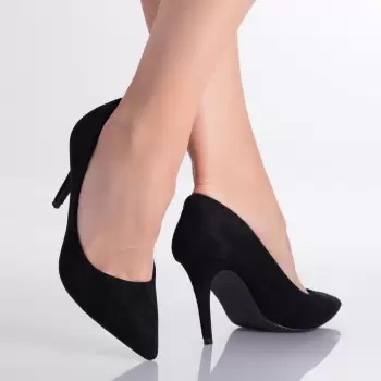 Pantofi dama cu toc Negri din Piele Ecologica intoarsa Larina imagine