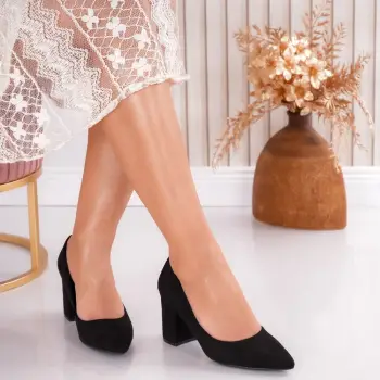 Pantofi dama cu toc Negri din Piele Ecologica Intoarsa Mervin imagine