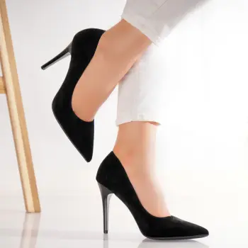 Pantofi dama cu toc Negri din Piele Ecologica Intoarsa Naya imagine