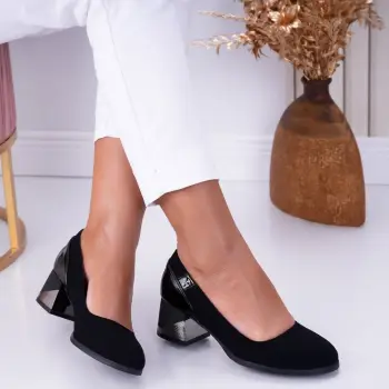 Pantofi dama cu toc Negri din Piele Ecologica Intoarsa si Lacuita Lela imagine