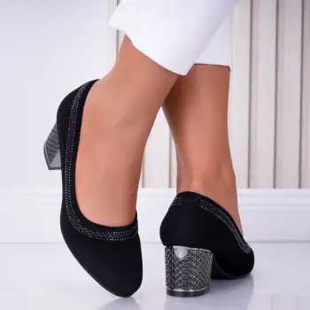 Pantofi dama cu toc Negri din Piele Ecologica Intoarsa si strasuri Crystal imagine