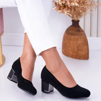 Pantofi dama cu toc Negri din Piele Ecologica Intoarsa si strasuri Isra imagine