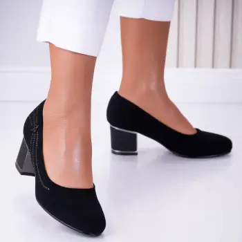 Pantofi dama cu toc Negri din Piele Ecologica Intoarsa si strasuri Malvi imagine