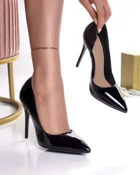 Pantofi dama cu toc negri din piele ecologica lacuita rode imagine