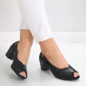 Pantofi dama cu toc Negri din Piele Ecologica Lerena imagine