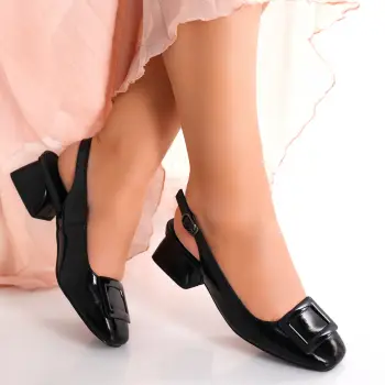 Pantofi dama cu toc Negri din Piele Naturala Lacuita Anezel imagine