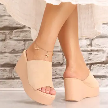 Papuci dama cu platforma Bej din Piele Ecologica Intoarsa Acalva imagine