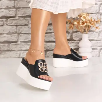 Papuci dama cu platforma Negri din Piele Ecologica Brillya imagine