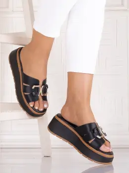 Papuci dama cu platforma Negrii din piele Ecologica Giuliet imagine