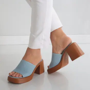 Papuci dama cu toc Albastri din Textil/Blug Minyl imagine