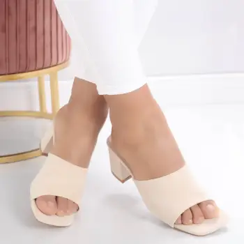 Papuci dama cu toc Bej din Piele Ecologica Intoarsa Adilene imagine