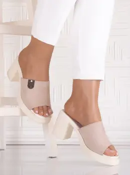 Papuci dama cu toc Bej din Piele Ecologica Intoarsa Anette imagine
