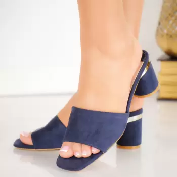 Papuci dama cu toc bleumarin din piele ecologica intoarsa Gres imagine