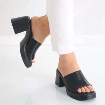 Papuci dama cu toc Negri din Piele Ecologica Minyl imagine