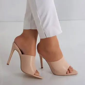 Papuci dama cu toc Nude din Piele Ecologica Malva imagine