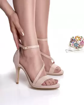 Sandale dama bej cu toc piele eco intoarsa volca imagine