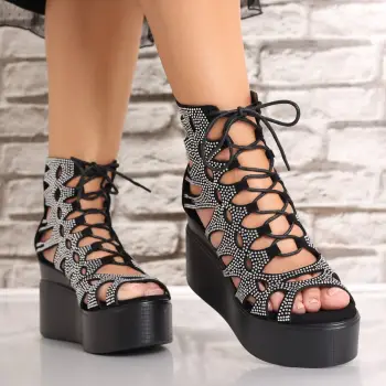 Sandale dama cu platforma Negre din Piele Ecologica Intoarsa Adarya imagine