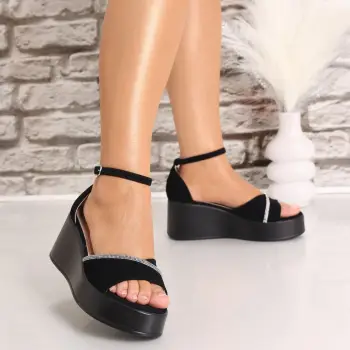 Sandale dama cu platforma Negre din Piele Ecologica Intoarsa Morva imagine