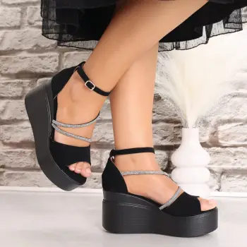 Sandale dama cu platforma Negre din Piele Ecologica Intoarsa Sonnya imagine