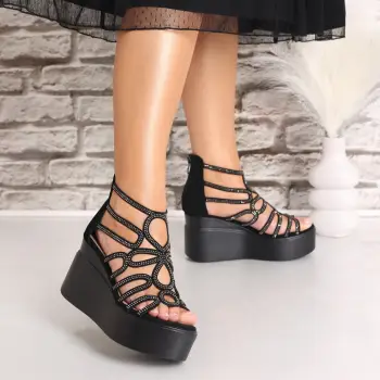 Sandale dama cu platforma Negre din Piele Ecologica Intoarsa Velona imagine