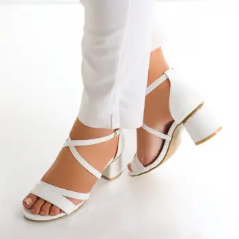 Sandale dama cu toc Albe din Piele Ecologica Esa imagine