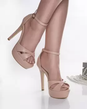 Sandale dama cu toc bej din piele ecologica faresa imagine