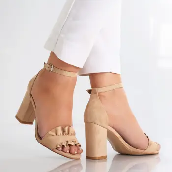 Sandale dama cu toc Bej din Piele Ecologica Intoarsa Nusya imagine