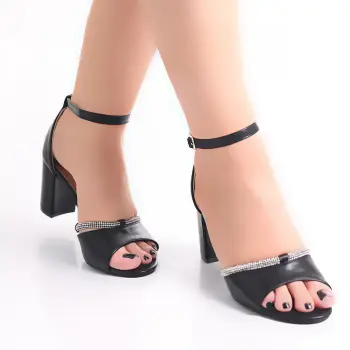 Sandale dama cu toc Negre din Piele Ecologica Anota imagine