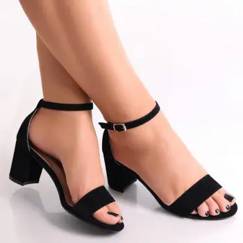 Sandale dama cu toc Negre din Piele Ecologica Intoarsa Benoia imagine