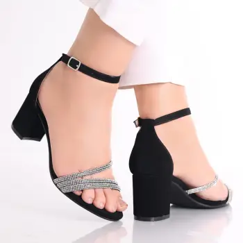 Sandale dama cu toc Negre din Piele Ecologica Intoarsa Bica imagine