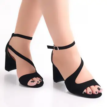 Sandale dama cu toc Negre din Piele Ecologica Intoarsa Inaya imagine